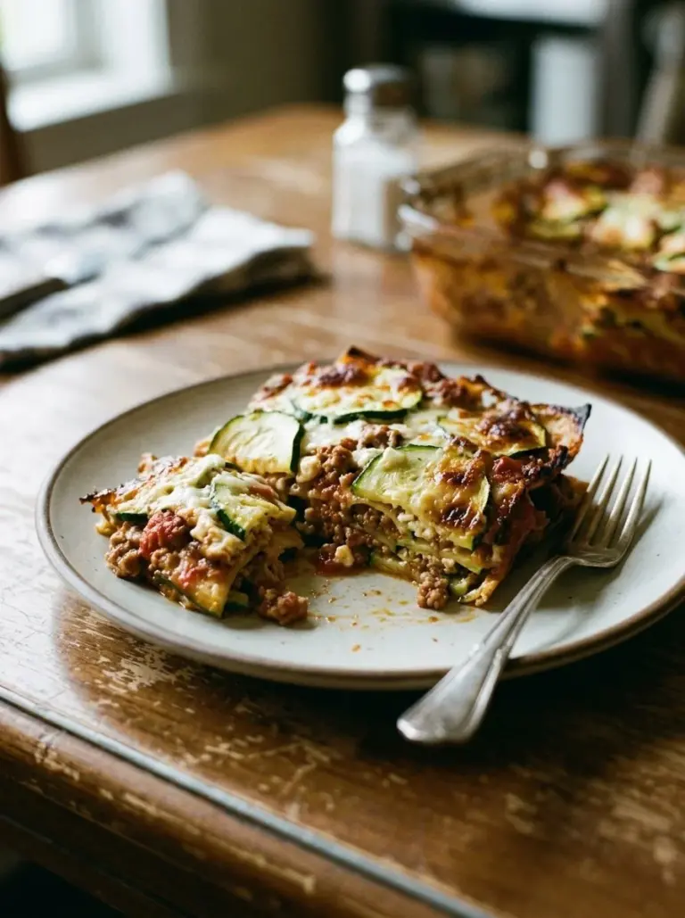 Zucchini lasagna with ground turkey served on a plate